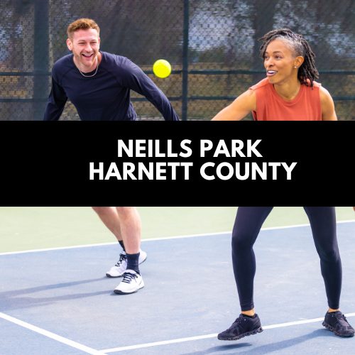 Neills Park, Harnett County graphic showing two players at the net on a blue outdoor court